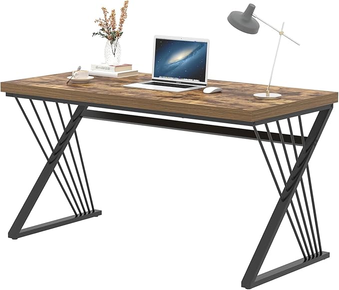 FOLUBAN Home Office Desk Modern Wood and Metal Computer Desk Simple Writing Work PC Desks for Bedroom Industrial Study Gaming Table for Living Room Rustic Brown 53 Inch