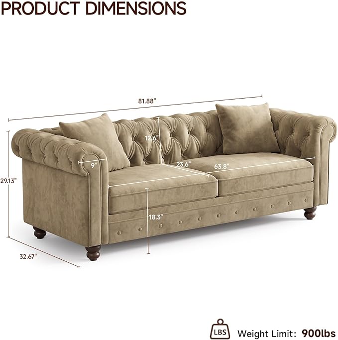 ONBRILL 82 Inch Chesterfield Sofa 23 Inch Deep Seat Velvet Couch for Living Room Button Tufted Couch with Rolled Arms 2 Throw Pillows Comfy Vintage Loveseat Sofa for Apartment Taupe