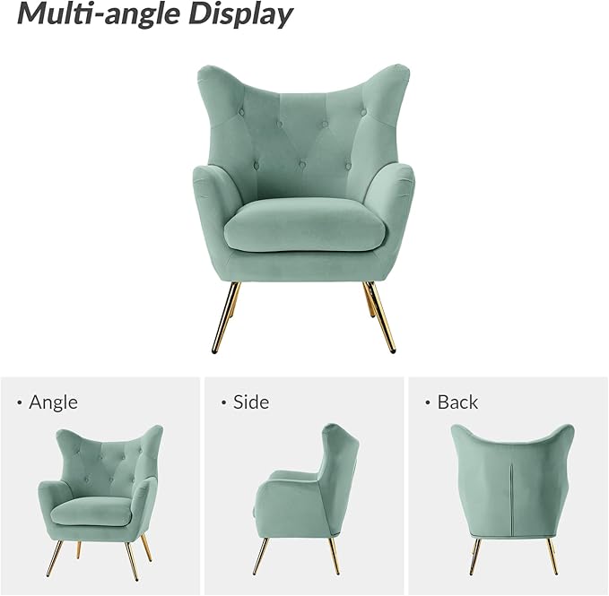 HULALA HOME Velvet Accent Chair Set of 2 Modern Wingback Arm Chair with Metal Gold Legs Velvet Tufted Upholstered Single Sofa(SAGE)