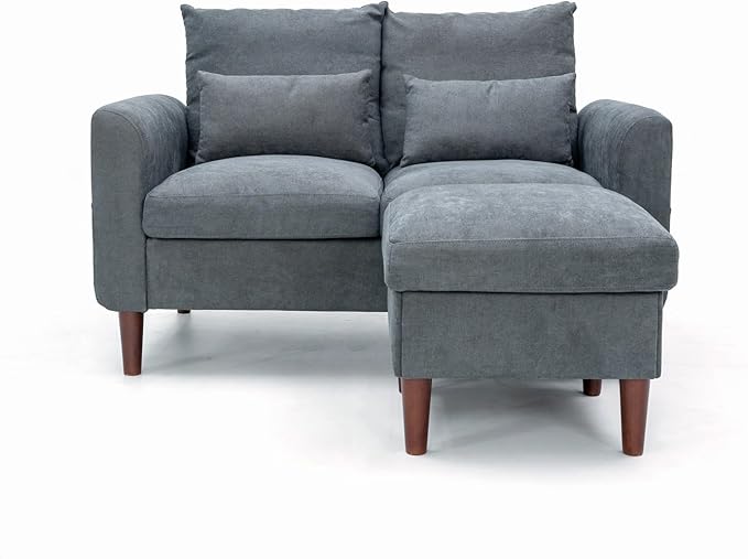 Panana Convertible Sectional Sofa CouchL-Shaped 2 or 3-Seat Sofa Sectional with Reversible Ottoman for Small Living Room Apartment (Gray Linen Fabric 2 Seater with Ottoman - Curved arms)
