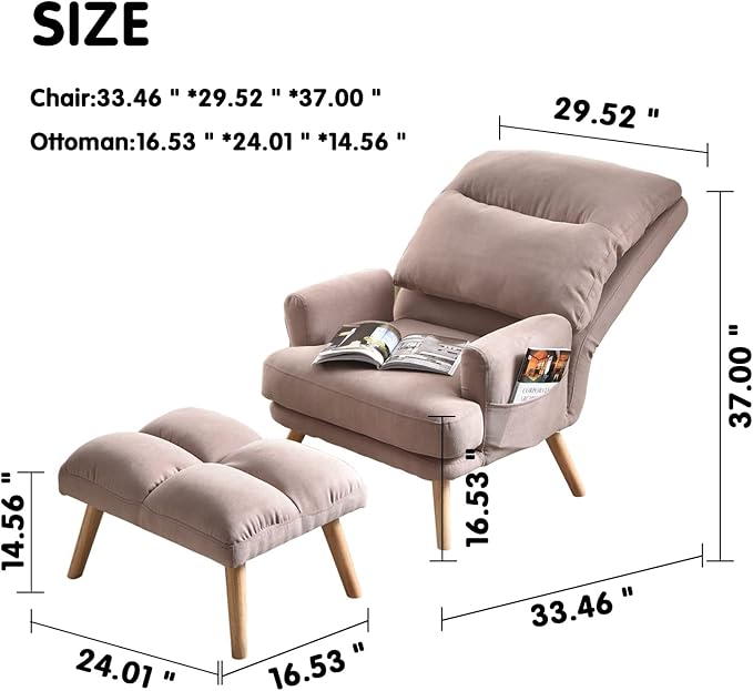 HOOOWOOO Living Room ChairLiving Room Set with Recliner Accent Chair and Ottoman with Side BagsPink Linen