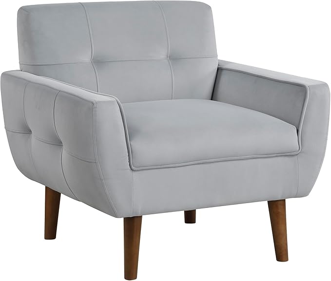 Lexicon Mid Century Modern Accent Chair with Dark Brown Solid Wood Leg Velvet Upholstered Living Room Chair Lounge Arm Chair Tufted Detail Single Sofa Chair Comfortable Reading Chair Gray