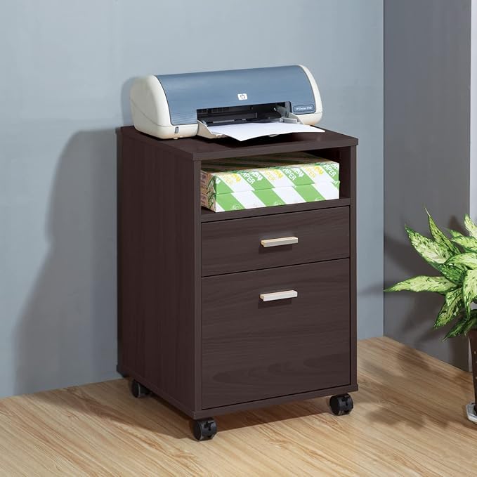 Home Office Desk with Modesty Panel and Detached File Cabinet on Locking Wheels with Two Drawers File Drawer Cubby Shelf Metal bar Handle Red Cocoa Color