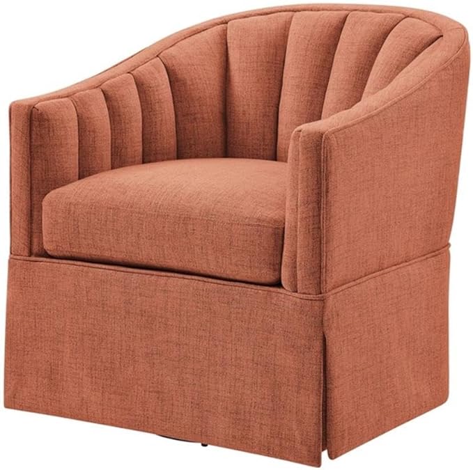 Pemberly Row Coral Polyester Fabric Skirted Swivel Accent Chair Channel-Tufted Back Flared Arms Plush Coil Spring Seat 29.25W x 30.75D x 32H Coastal Style Living Room or Relaxation Space Use