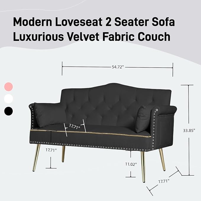 Small Velvet Loveseat Sofa with Gold Metal Legs55-inch Modern Sofa Couch with 2 Side PocketsCouch with Tufted Backrest for Living Room Bedroom Office (Black)