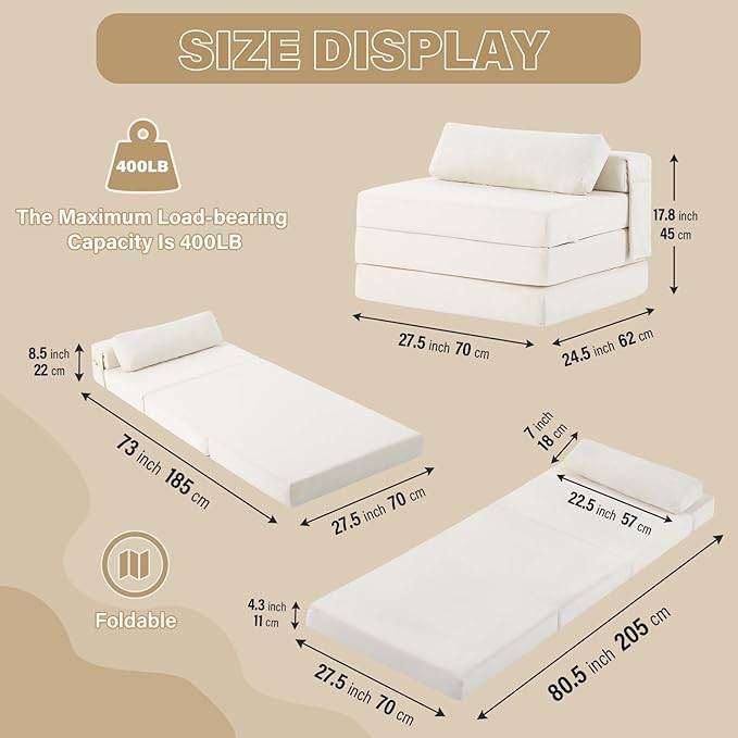 Tiita Folding Sofa Bed Chair 4-Fold Convertible Sleeper Chair with Lumbar Pillow Washable Cover &amp Side Pocket Floor Couch Bed with Raised Seat Single Size for Small Spaces Beige