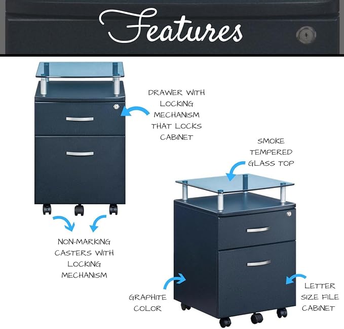 Scranton &amp Co 2 Drawer Wood Mobile File Cabinet Graphite Finish MDF with PVC Laminate Locking Top Drawer Lower File Drawer Glass Top with Steel Supports Carpet Casters 24 in H x 14 in W x 1
