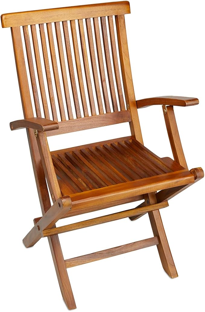 TeakCraft Teak Folding Arm Chair - 2 Piece Foldable Chairs Set - Fully Assembled - Solid Wooden Outdoor Indoor- Wood Dining Room Kitchen Patio Bistro Chairs The Mille