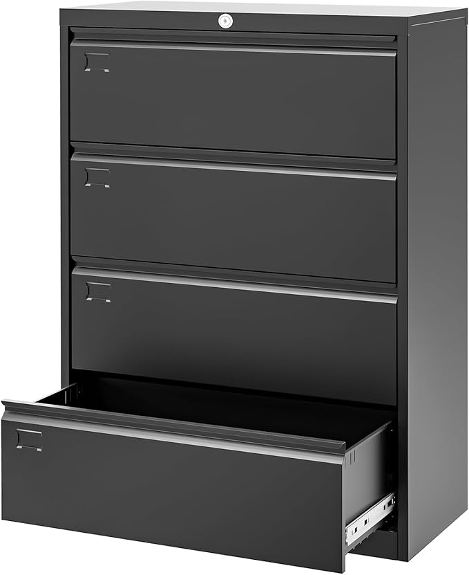 4-Drawer Lateral File Cabinet with Lock Heavy Duty Metal Filing Cabinet for Letter/Legal/A4 Documents Space-Saving Office Storage Organizer for Home Office Easy Assembly Black