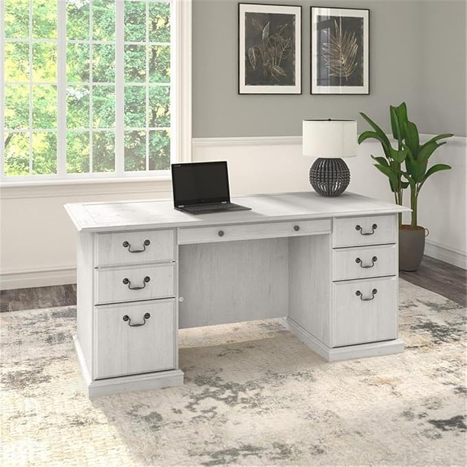 Scranton &amp Co Traditional Executive Desk Wood Construction Linen White Oak Finish 66W x 30D Lockable Drawers Breakfront Design Sturdy Computer Desk for Home Office or Workspace