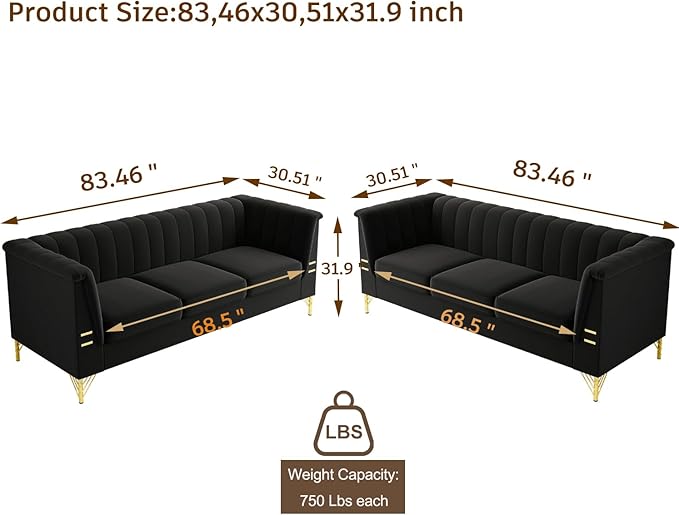 2 Piece 84'' L Modern 3 Seater Black Velvet Sofa Couches with Metal Gold Legs for Living Room Mid Century Classic Tufted Chesterfield Sofa Set for Apartment Office Home