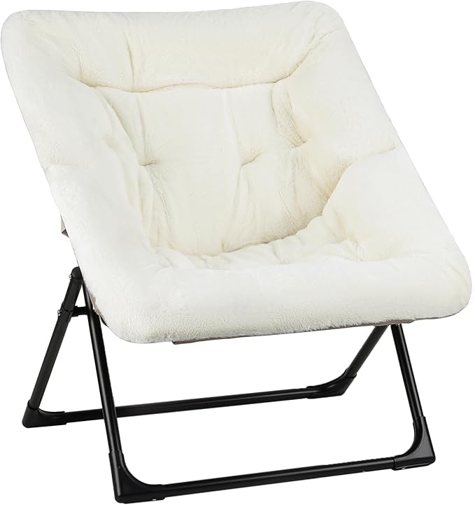 Comfy Saucer Chair for Adults Soft Faux Fur Bedroom Chair Accent Dorm Chairs Flexible Living Room Reading Chairs Oversized Folding Seat for Teens X-Large Beige