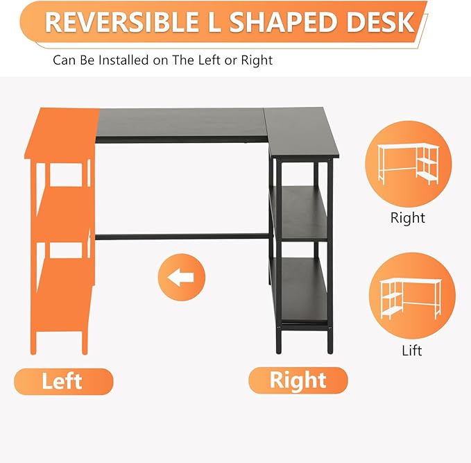 FDW L-Shaped Gaming Desk 43 Inch Computer Desk Corner Desks with Reversible Side Storage Shelves Study Desk Metal Frame PC Work Table for Home Office Dorm Sturdy Writing WorkstationBlack
