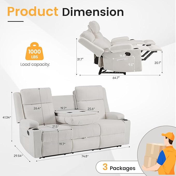 Reclining Sofa CouchLoveseat Recliner Sofa with Drop Down Table/ 4 Cup Holder/Hidden Storage Wall Hugger Recliner Sofa for Living Room &amp Home Theater &amp RV(Beige)