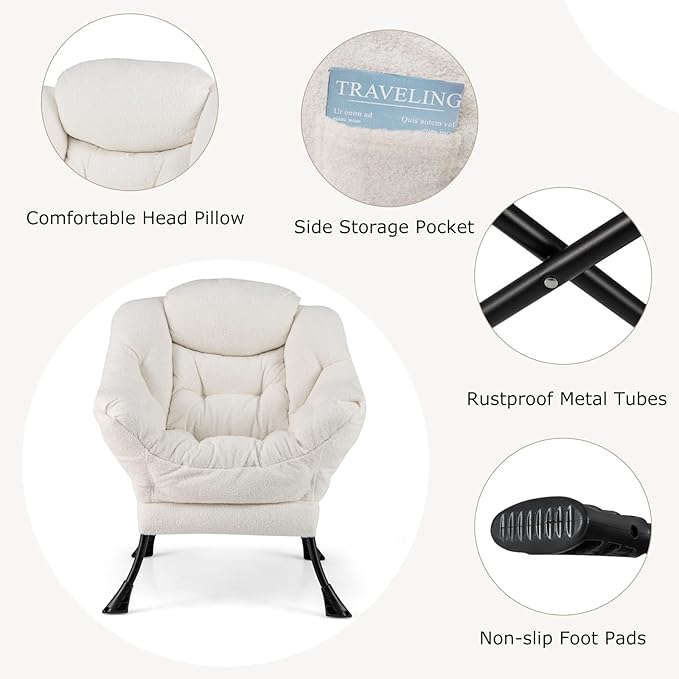 HOMGX Lazy Chair with Ottoman Modern Accent Chair w/Folding Footstool &amp Side Storage Pocket Upholstered Comfy Reading Chair for Bedroom Living Room Office (Beige)