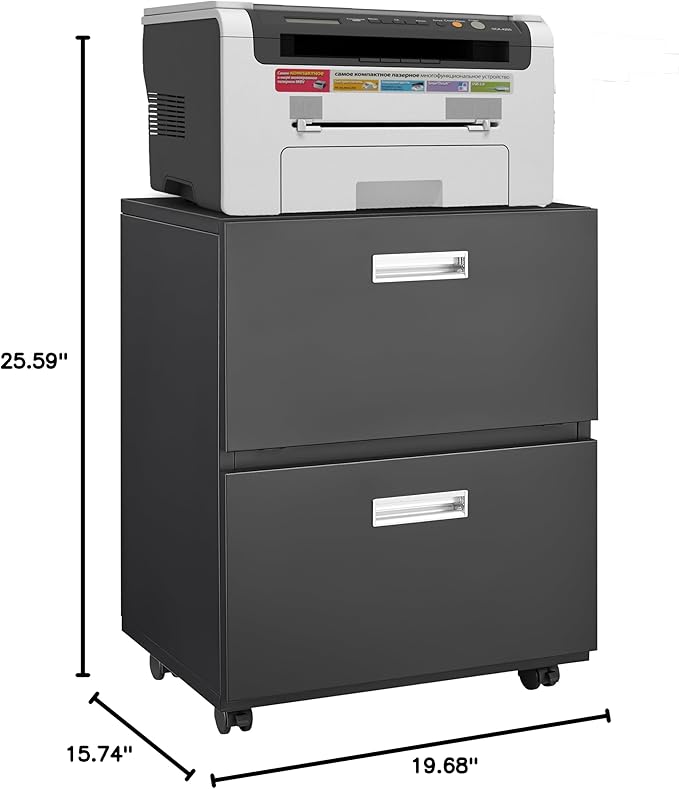 2 Drawer Small File Cabinet with Lock Under Desk Storage Organizer Metal Filing Cabinets for Home Office Mobile Pedestal Locking DrawersBlack