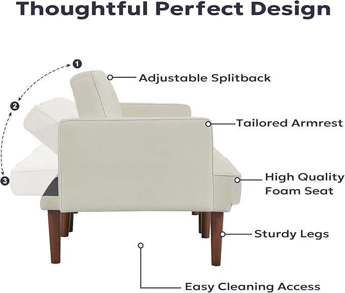 71 Velvet Futon Sofa Bed Versatile Loveseat Couch Sleeper Sofa with Adjustable Backrest Mid Century Modern Futon Couch for Small Space Living Room Office &amp Apartment Velvet Fabric Beige
