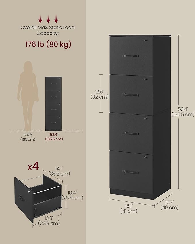 VASAGLE 4-Drawer Vertical File Cabinet Filing Cabinet for Home Office Printer Stand with 4 Lockable Drawers Adjustable Hanging Rail for A4 and Letter-Size Files Ink Black UOFC082B01