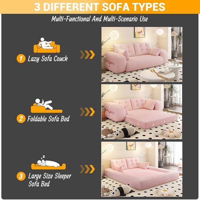 78.7 Folding Sofa Bed Queen Foldable Floor Futon Sofa Sleeper Convertible Boneless Mattress Loveseat Cloud Couch for Home Living Room Bedroom Lounge Apartment and Small Spaces Pink Teddy