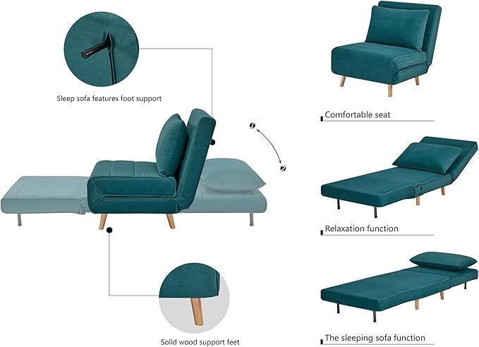 31 Convertible Sleeper Chair 3-in-1 Foldable Chair Bed with Pillow 3-Position Adjustable Backrest Single Sofa Bed for Apartment Office Peacock Blue