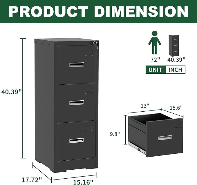 3 Drawer Small Metal Vertical File Cabinet with LockUnder Desk Storage Filing Cabinets for HomeOffice Cabinet Organizer Locking DrawersAssembly RequiredBlack