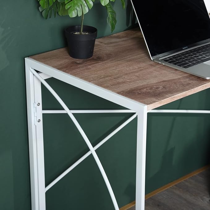 Homy Casa 39.4 Inch Foldable Laptop Desk Space-Saving Computer Table with No Assembly Required Sturdy Metal Frame Minimalist Design for Home Office Study or Small Spaces Oak &amp White