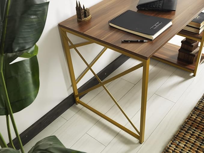 Morello Gold Metal e 47 Wooden Top 2 Shelves Writing and Computer Desk for Home Office White