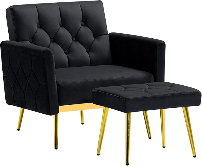 Velvet Accent Chair w/Adjustable Armrests and Backrests Tufted Single Sofa with Ottoman Upholstered Reading Chiar for Living Room Apartment Bedroom Black