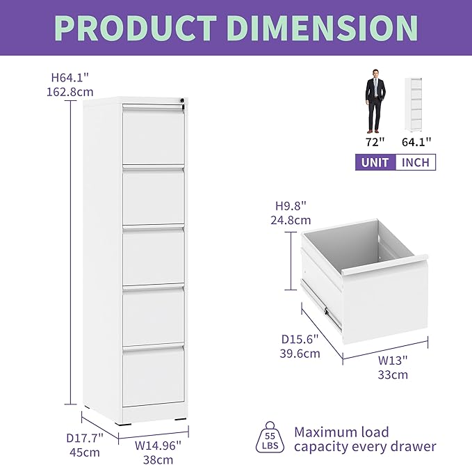 5 Drawer Small File Cabinet with Lock Under Desk Storage Cabinet Organizer Filing Cabinets for Home Office Locking DrawersWhite