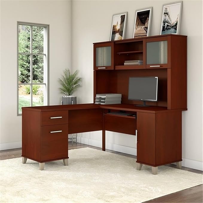 Pemberly Row Transitional 60W L-Shaped Desk with Hutch Hansen Cherry Finish Thermally Fused Laminate Construction Keyboard Tray File Drawer Vertical Storage Cabinet Office Furniture for Home