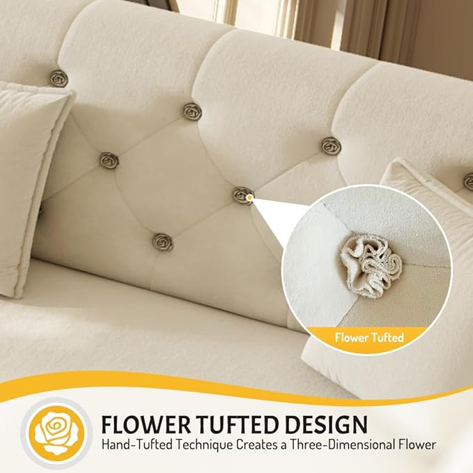 100 King Size Sleeper Sofa Bed 3-in-1 Convertible Pull Out Chesterfield Sleeper Couch Oversized Velvet Flower Button Tufted 4-Seat Sofa for Living Room Apartment (Beige White)