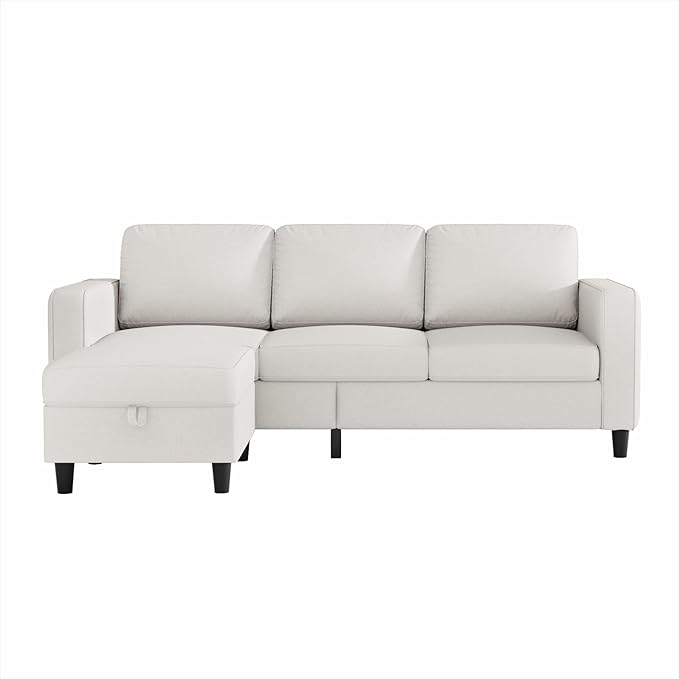 Small Sectional Couch 3-Seat Off White L-Shaped Modern Sofa Couch with Reversible Storage Ottoman &amp Storage Pockets for Living Room Apartment Studio or Small Space