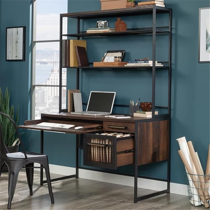 Pemberly Row Engineered Wood Computer Desk with Hutch Barrel Oak Finish 72 in H x 48 in W x 23 in D Adjustable Shelves Keyboard Tray File Drawer Industrial Home Office Desk