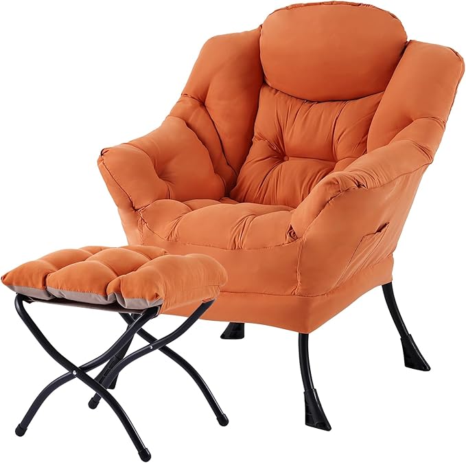Welnow Lazy Chair with Ottoman for Living Room Modern Reading Accent Chair with Armrests and a Side Pocket Leisure Upholstered Lazy Sofa for Small Space Bedroom Dorm Orange