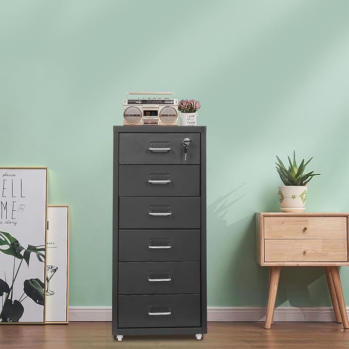 Office File Cabinet w/4 Wheels 6 Drawer Metal Small Vertical File Cabinets w/2 Lock Smooth Edges Mobile Storage Cabinet File Organizer for Home Office Living Room 11 * 16 * 27in (Black)