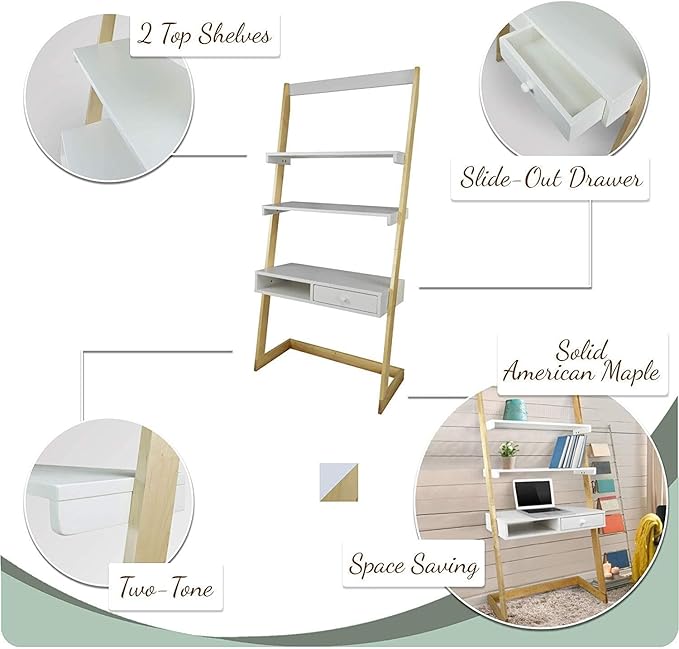 Ladder Desk with Drawer &amp Shelves - 31.5 Wide Solid Wood Frame