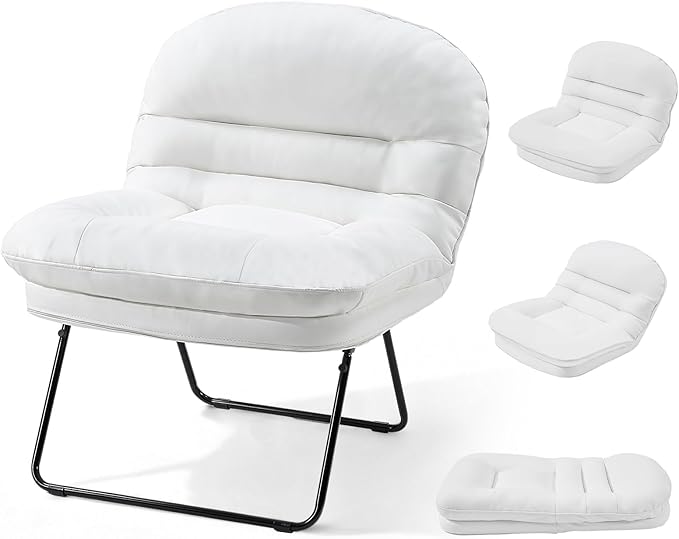 DUMOS Comfy Saucer ChairPU Leather Foldable Chairs for Bedroom Dorm &amp Gaming Fashion Floor Chair with Back Support for Small SpacesWhite