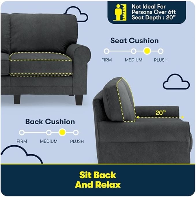 BOWERY HILL 61 Rolled Arm Loveseat Sofa Charcoal Upholstered Pill-Resistant Polyester Compact Space-Saving Design with Removable Covers Solid Wood Frame Modern Living Room Seating