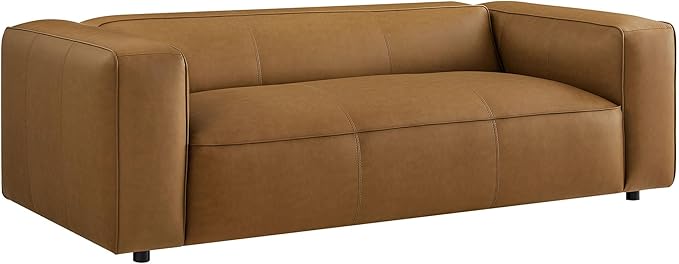 Modway Auren Vegan Leather Sofa in Camel - Faux Leather 3 Seater Couch - 88 Inch Comfy Modern PU Leather Sofa - Oversized Mid Century Modern Couch for Living Room Apartment Loft