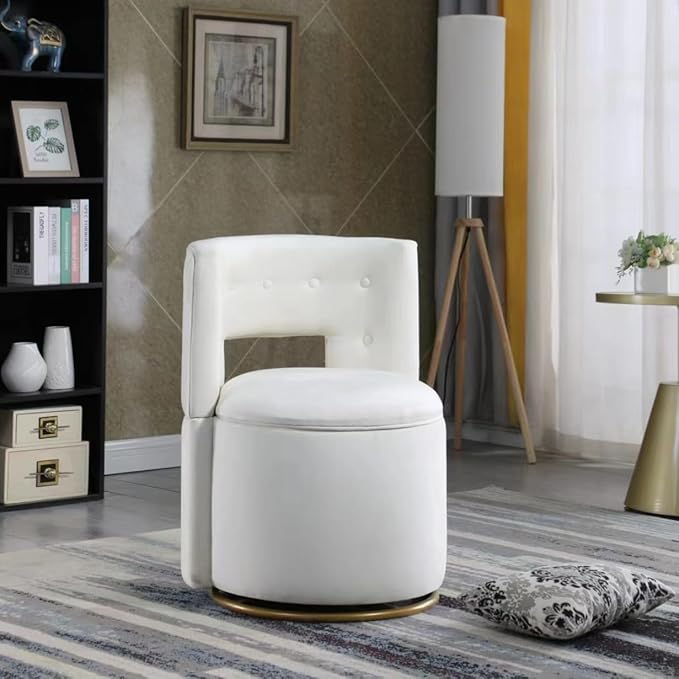 360° Swivel Accent Chair with Hide Storage FunctionModern Velvet Curved Barrel Chair with Gold Metal Base Back Vanity Chair for Living Room NurseryBedroom Upholstered Leisure Chair (Beige)