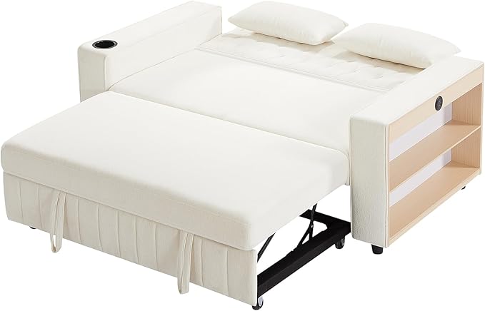 61.4 Pull-out Sofa Bed Convertible Sleeper Sofa Bed with Adjustable Backrest Cup Holders Storage Rack Handy Side Pockets Two Lumbar Pillows Modern Loveseat Sofa for Living Room (Beige/132)