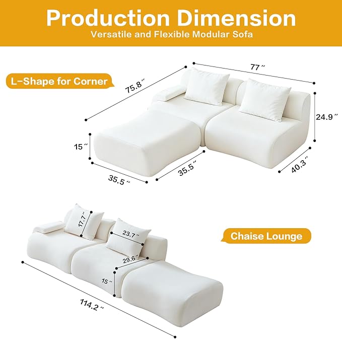 UKMTUET Boneless Couches for Living Room 114 L Shaped Couch with Chaise Sectional Couch with Convertible Ottoman Modular Sectional Sofa Comfy Couch with 3 Seat &amp Pillow