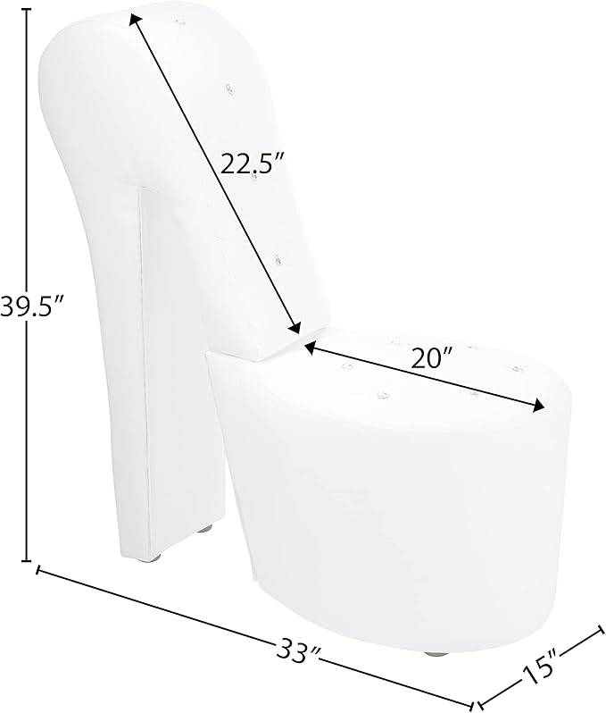 Tristam 40 Modern Glam High Heel Lounge Chair Armless Chair with Upholstered Crystal-Like Buttons and Diamond Stitching Comfortable Indoor Seating for Bedroom Living Room (White (Faux Leather))