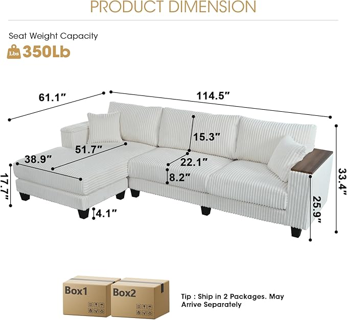 114.5” Corduroy Couch Sectional with Reversible Chaise with 2 Pillows Oversized Couch L Shaped Sofa with Two Armrests Hidden Storage Space Sectional Couches for Living Room White