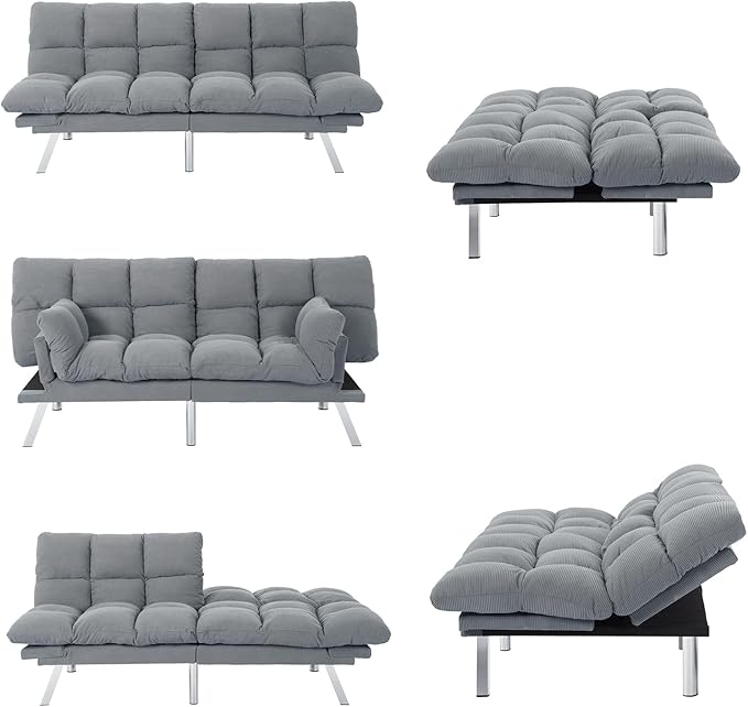 Modern Light Gray Corduroy Convertible Folding Futon Couch Sofa Bed Adjustable Pillow Top Arm Memory Foam Couch Double Loveseat Sofa for Compact Living Space Apartment Bedroom (67.3 Light Gray)