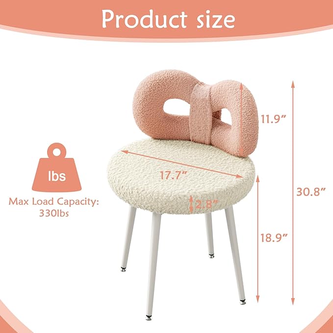 Vanity Chair with Back Swivel DesignNo WheelsSmall Upholstered Pink Makeup Chair for Girls with Cute Bow Backrest for Bedroom