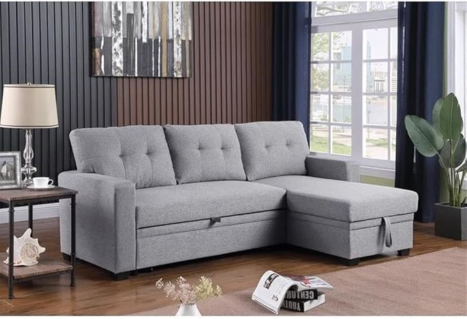 Devion Furniture L-Shaped Polyester Fabric Reversible Easy Convertible Pull-Out Sleeper Sectional Sofa/Storage Chaise with Tufted Back Cushions and Track Arms in Light Gray