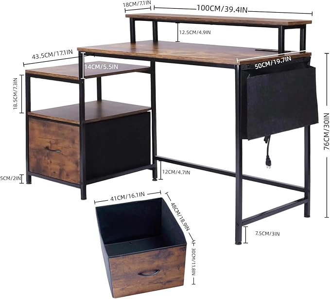 FurnitureR Computer Desk with LED Lights Monitor Stand USB Charging Port Storage Drawer Side Shelf &amp Cloth Bag 39.4-Inch Home Office Desk Workstation Rustic Brown