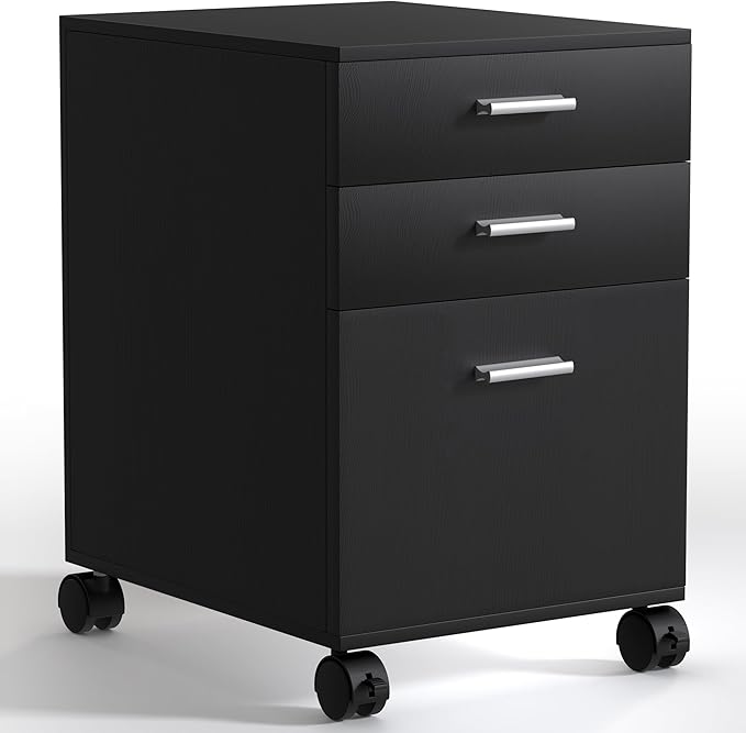 3 Drawer File CabinetMobile on WheelsPre-Assembled Black Wooden Storage Organizer for A4/Letter FilesUnder Desk Printer Stand19 L x 16 W x 22 H