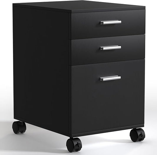 3 Drawer File CabinetMobile on WheelsPre-Assembled Black Wooden Storage Organizer for A4/Letter FilesUnder Desk Printer Stand19 L x 16 W x 22 H